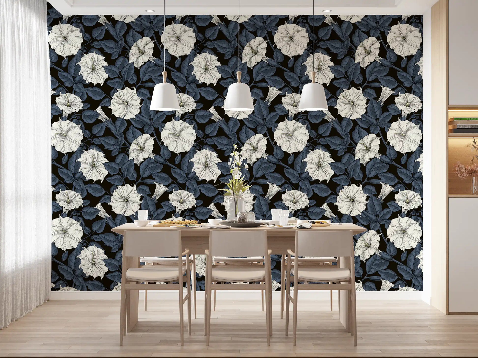Dining room wallpaper with white botanical graphics and dark contrast background tone.