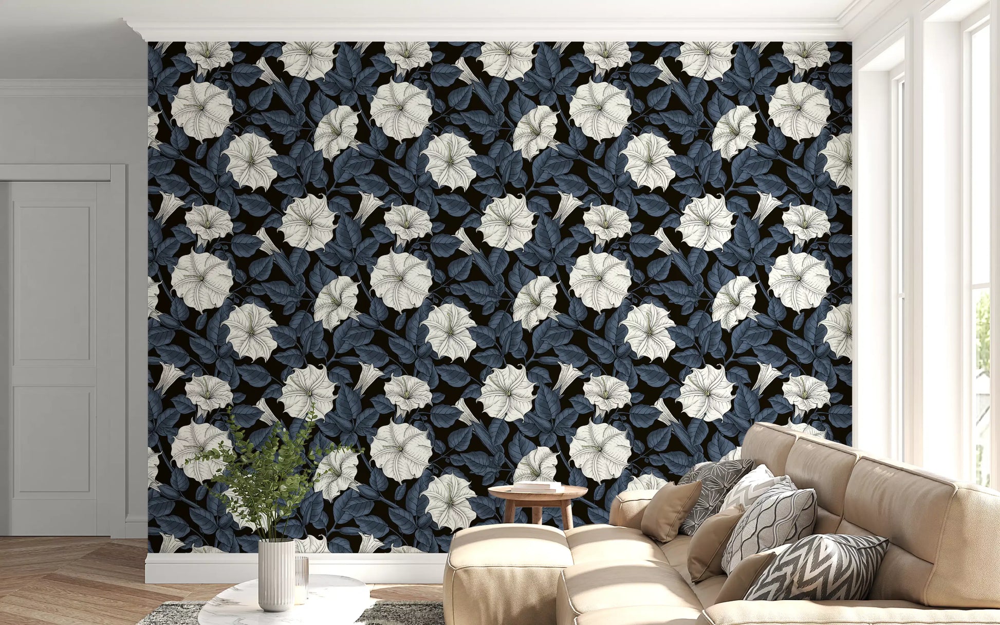 Dark floral wallpaper with large white blossoms and grey leaves for the lounge area.