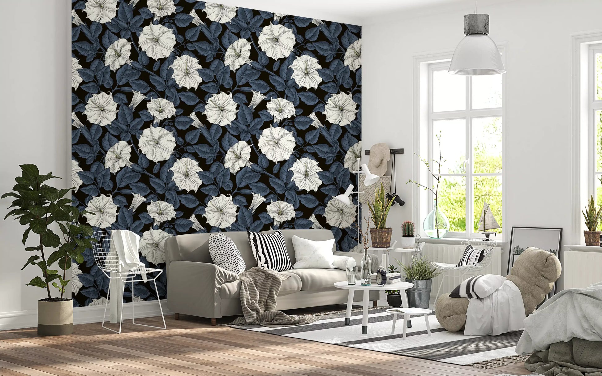 Living room wallpaper with white flowers and navy blue botanical pattern texture.
