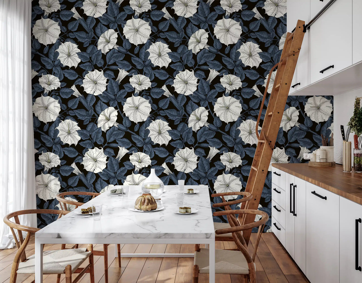 Moonflowers Wallpaper for kitchen interiors with white blossoms and blue leaf tint.
