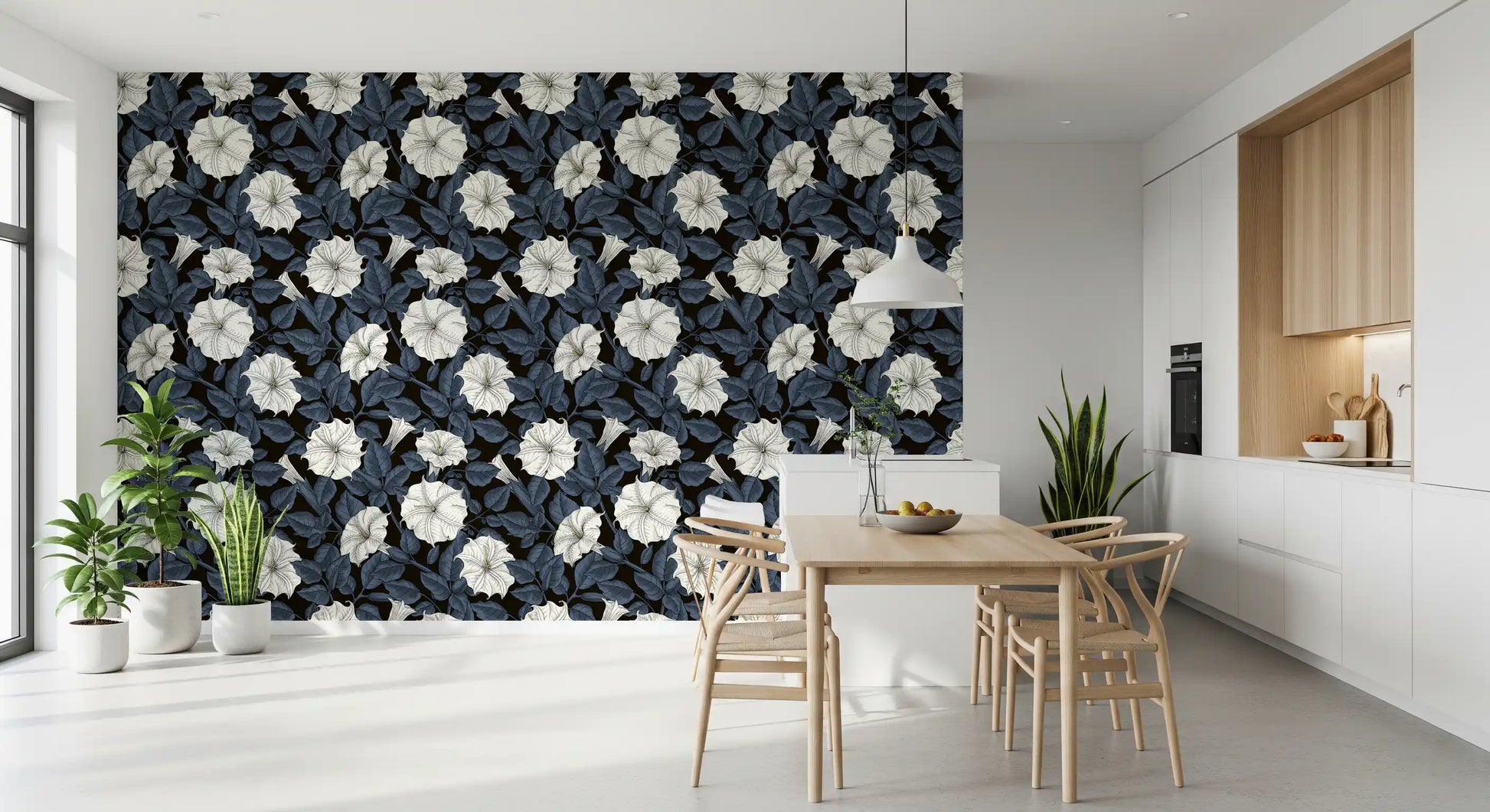 Floral wallpaper with white datura style flowers and midnight blue leaf pattern.