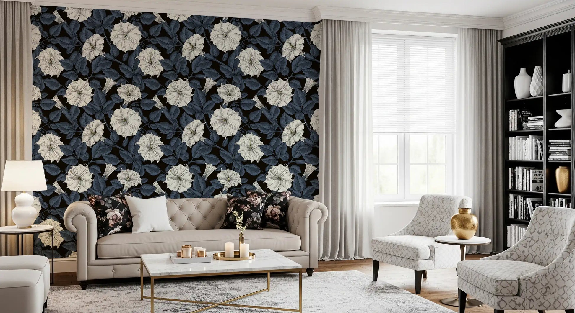 Moonflowers Wallpaper featuring botanical white petals on a solid black background.
