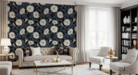 Moonflowers Wallpaper featuring botanical white petals on a solid black background.