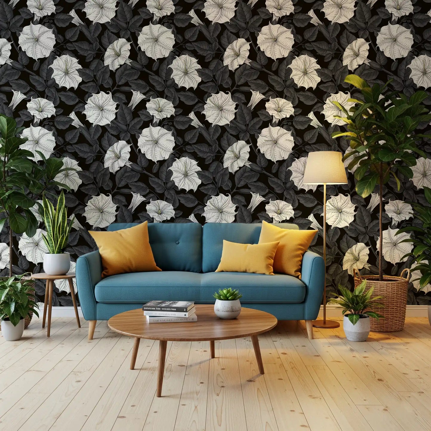 Monochrome floral wallpaper for a modern living room feature wall., GD9833