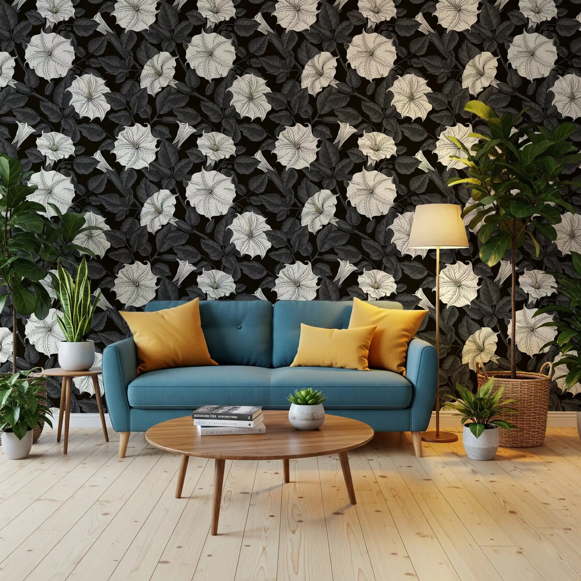 Monochrome floral wallpaper for a modern living room feature wall., GD9833