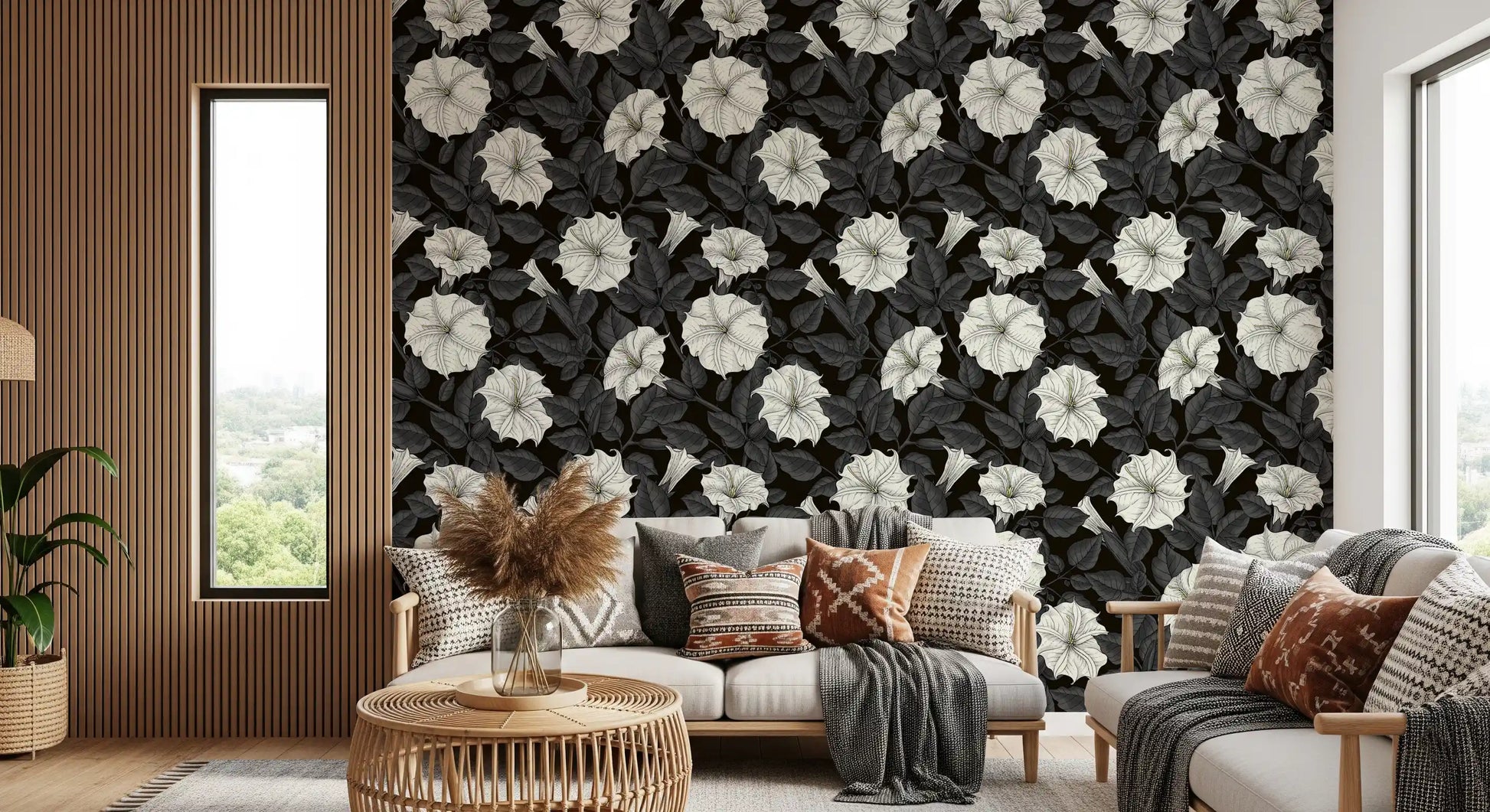 Detailed floral pattern wallpaper with white moonflowers and dark leaves., GD9833