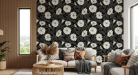 Detailed floral pattern wallpaper with white moonflowers and dark leaves., GD9833