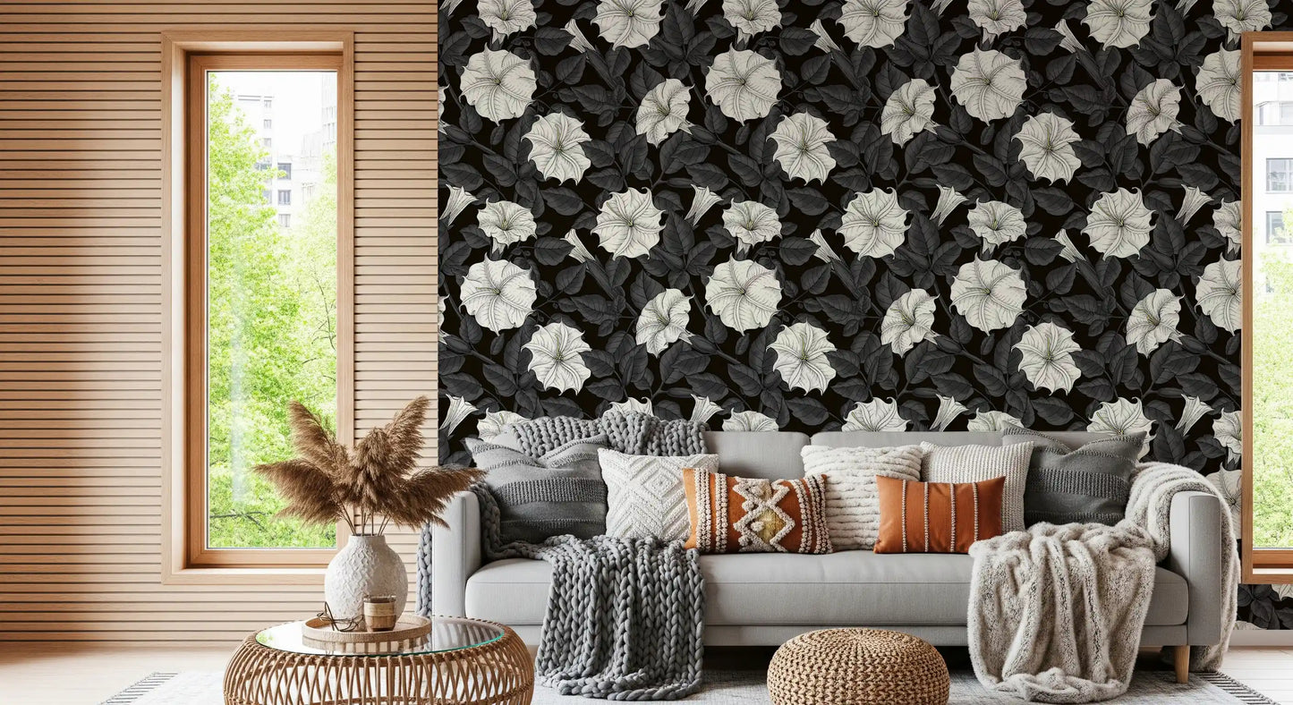 Sophisticated black and white botanical wallpaper for living room., GD9833
