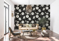 White trumpet-shaped flower patterns on this black and grey wallpaper., GD9833