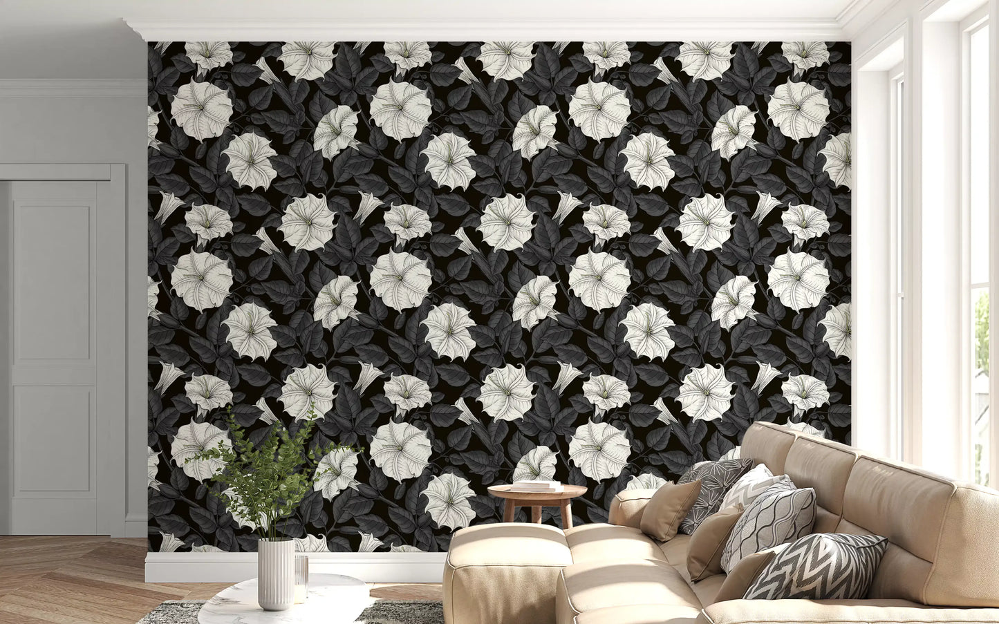 Black and white floral wallpaper featuring detailed leaf veins and petals., GD9833