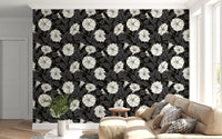 Black and white floral wallpaper featuring detailed leaf veins and petals., GD9833