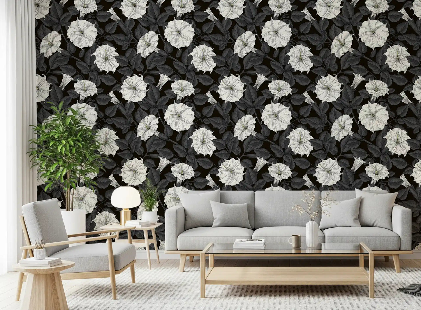 Large white floral motifs on a dark grey leaf print wallpaper., GD9833