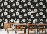 Hand-drawn floral wallpaper featuring large white blooms for a dining room., GD9833