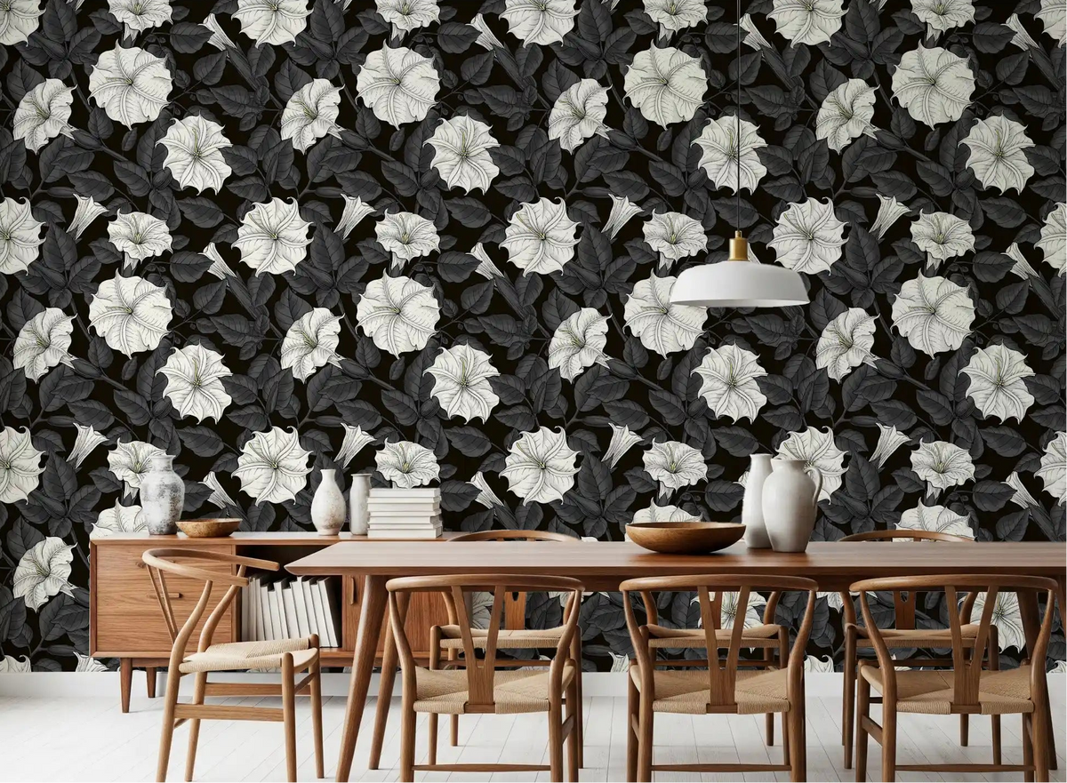 Hand-drawn floral wallpaper featuring large white blooms for a dining room., GD9833