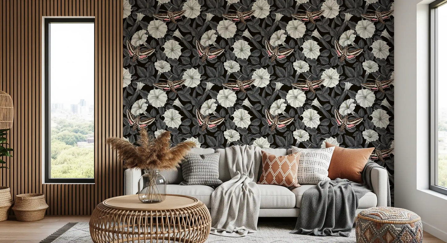 Sphinx moth floral wallpaper for a living room with grey leaf accents.