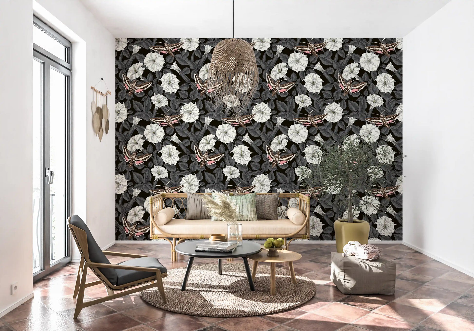 Intricate moonflowers and sphinx moths Wallpaper in a modern living room.