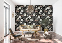 Intricate moonflowers and sphinx moths Wallpaper in a modern living room.