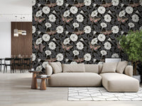 White moonflowers and grey foliage wallpaper for a quiet living space.