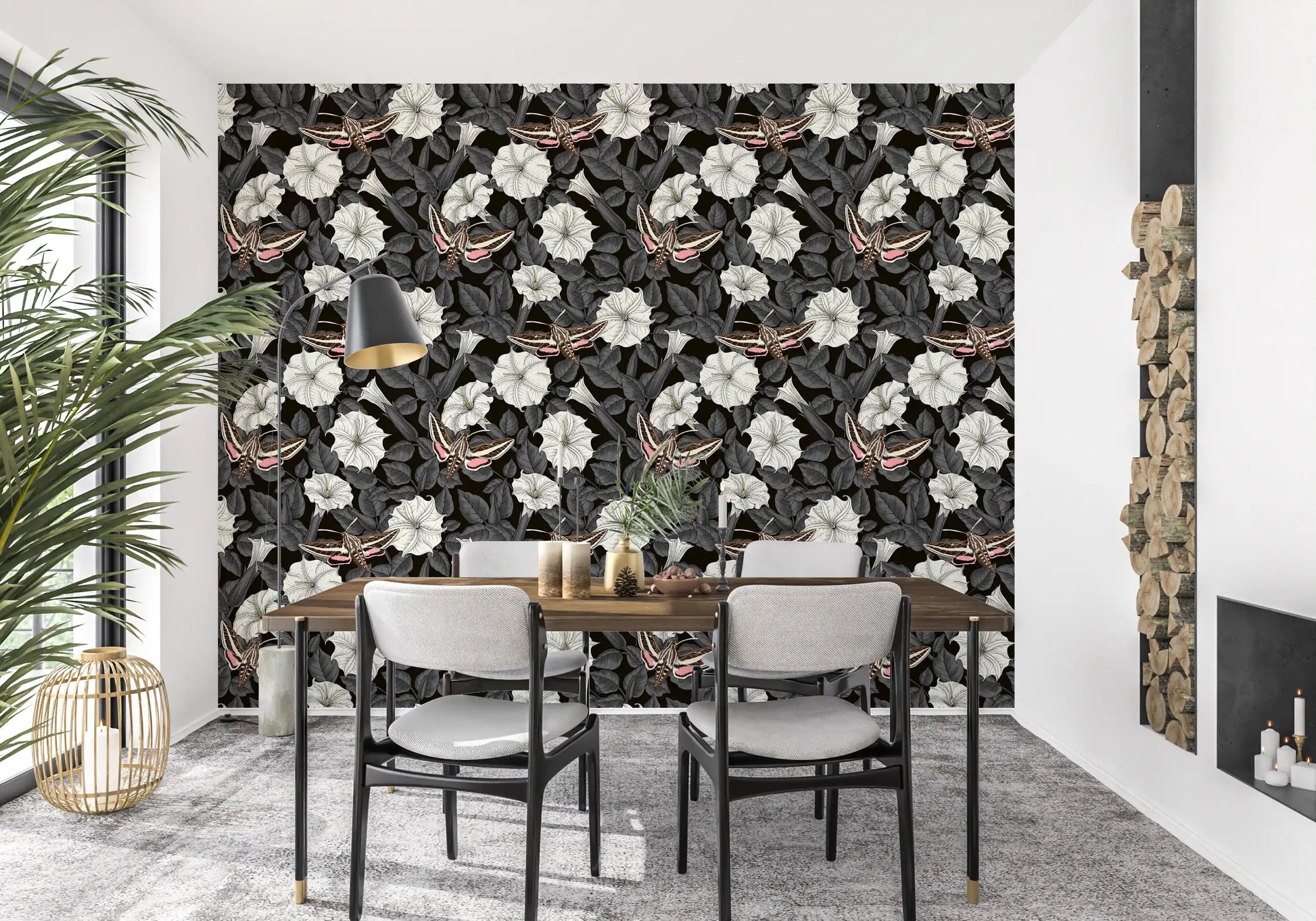 Hand-drawn botanical wallpaper with sphinx moths and night-blooming flowers.