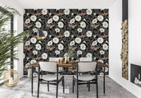 Hand-drawn botanical wallpaper with sphinx moths and night-blooming flowers.