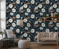 Vintage style botanical wallpaper in shades of blue and white., GD9835