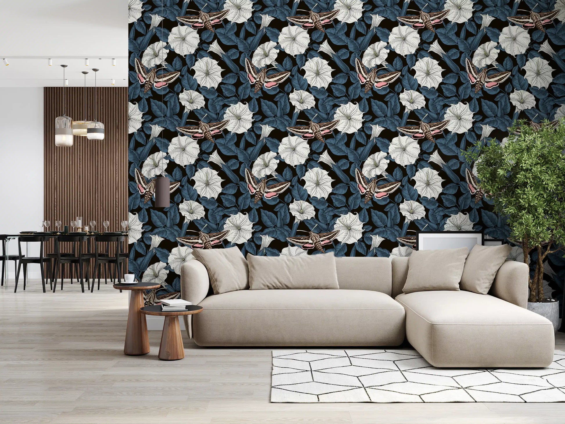 Large moonflower illustrations wallpaper for a hallway backdrop., GD9835