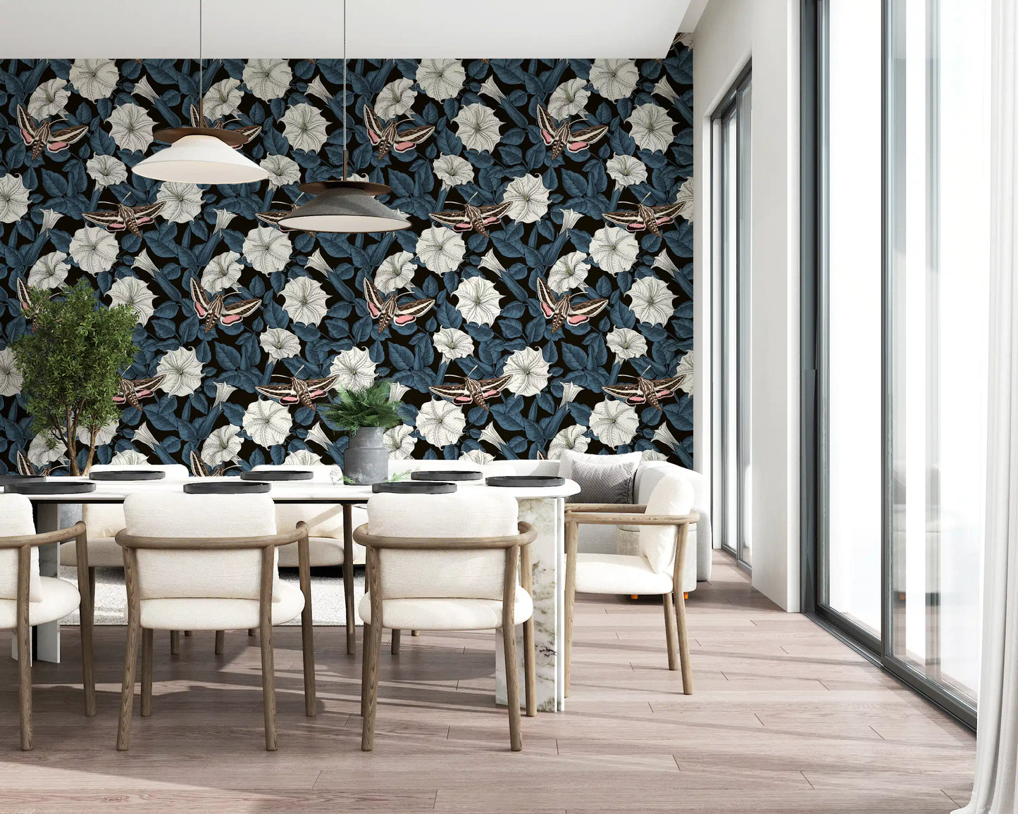 Artistic moth and flower pattern wallpaper for a dining room., GD9835