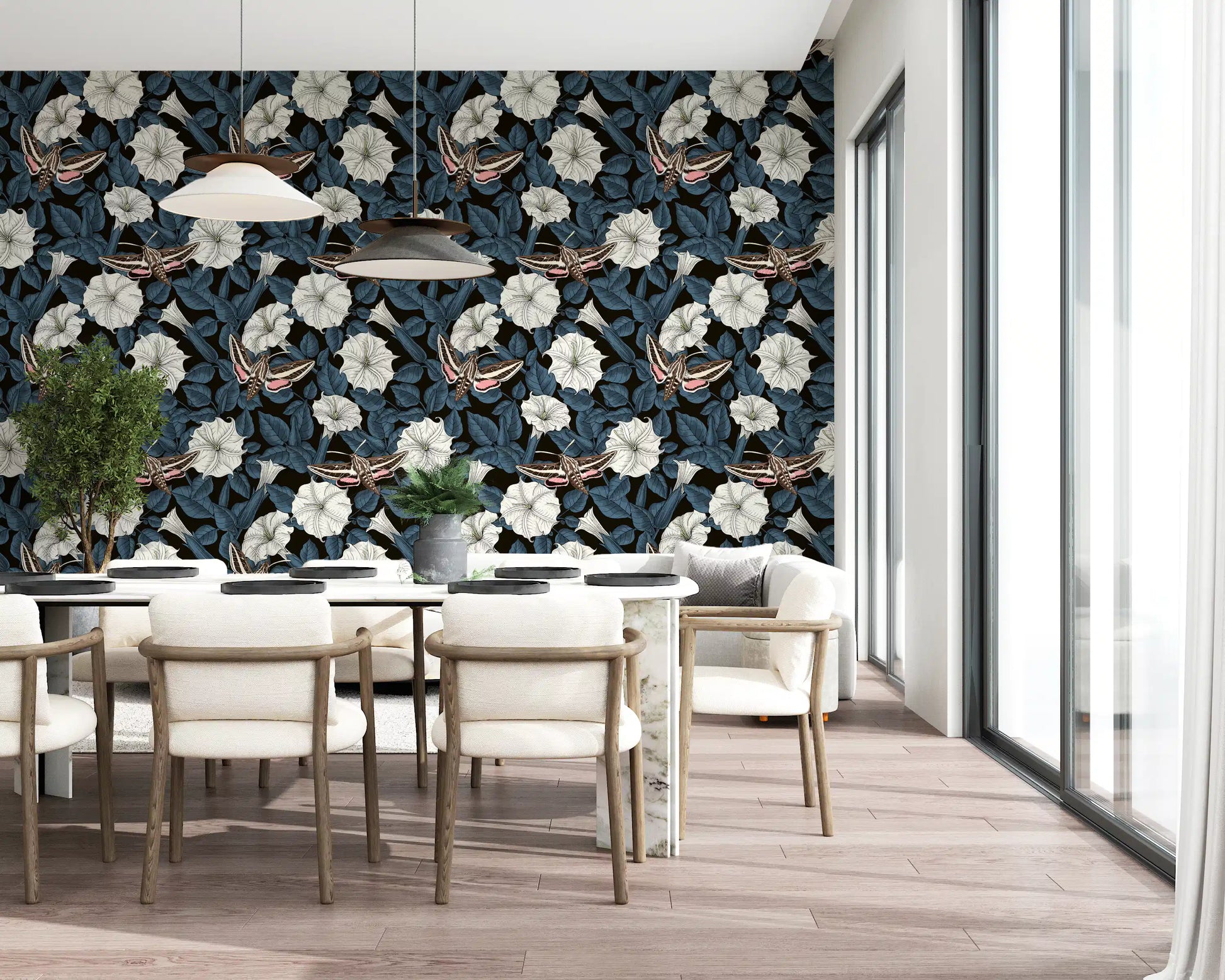 Artistic moth and flower pattern wallpaper for a dining room., GD9835