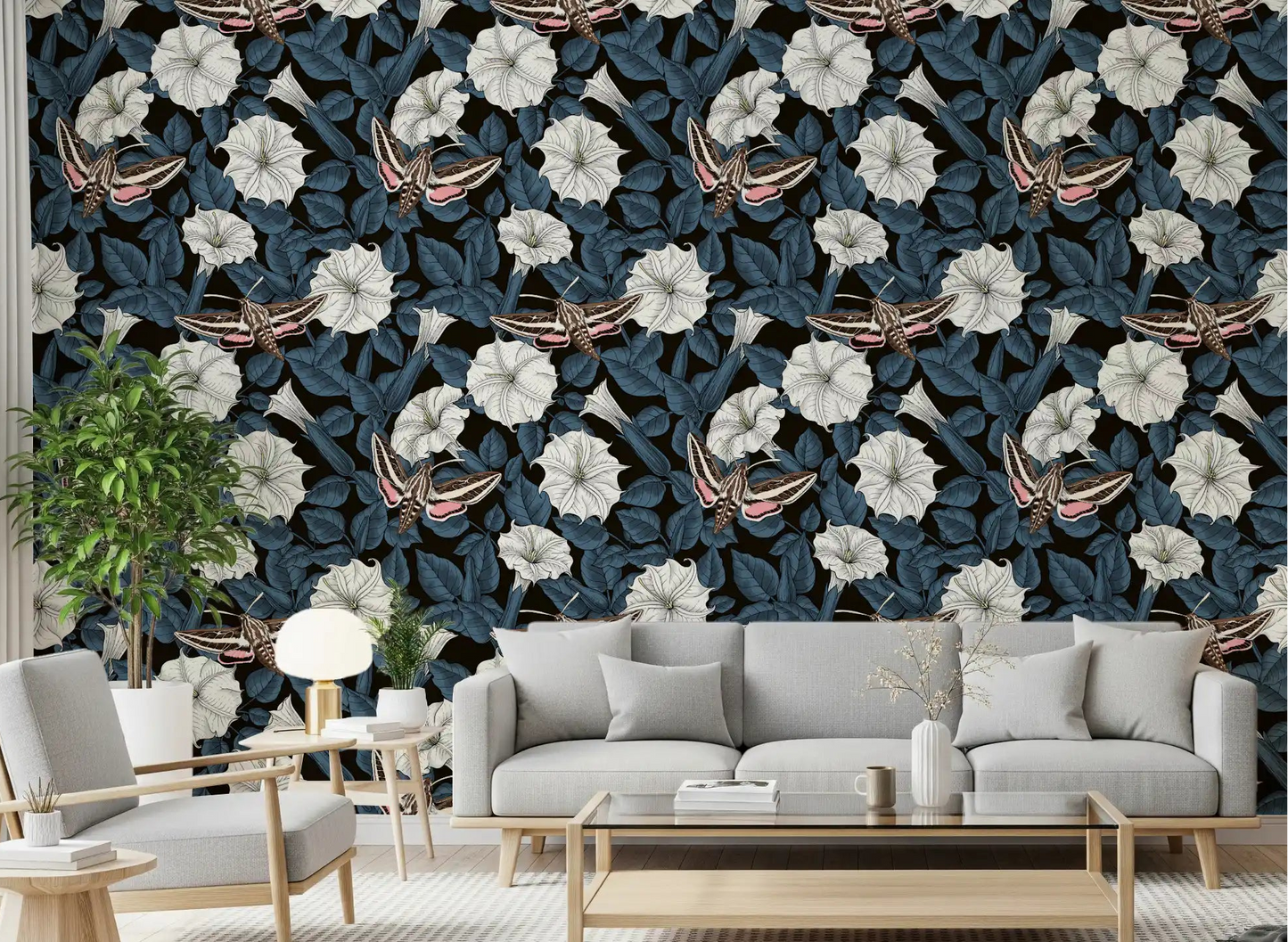 Hand-drawn moonflowers with brown and pink moths wallpaper for living room., GD9835