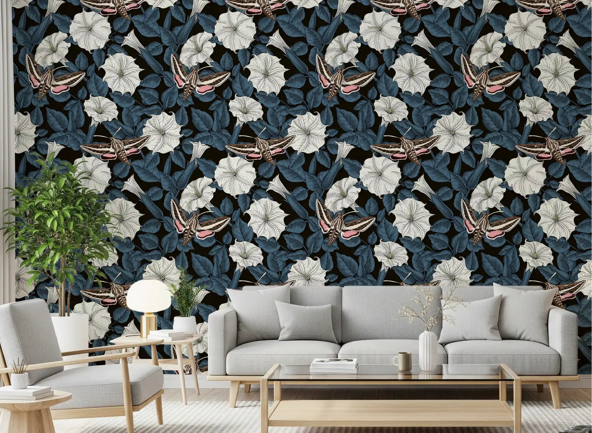 Hand-drawn moonflowers with brown and pink moths wallpaper for living room., GD9835