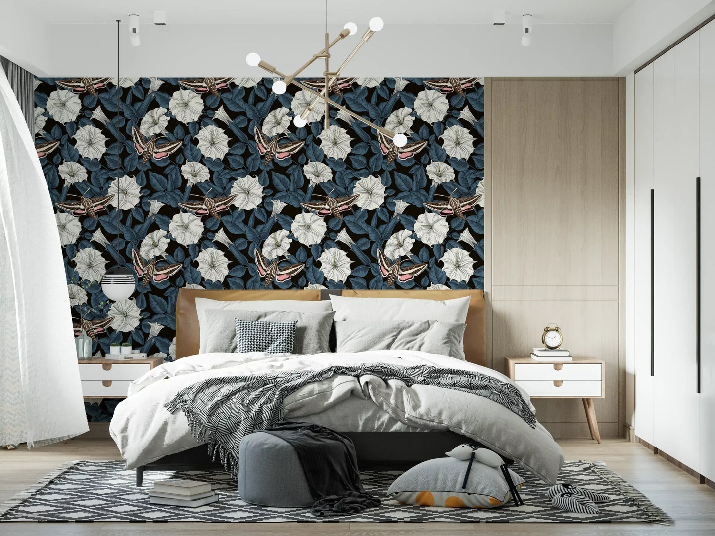 Moonflowers and sphinx moths wallpaper with dark teal leaves., GD9835
