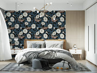 Moonflowers and sphinx moths wallpaper with dark teal leaves., GD9835