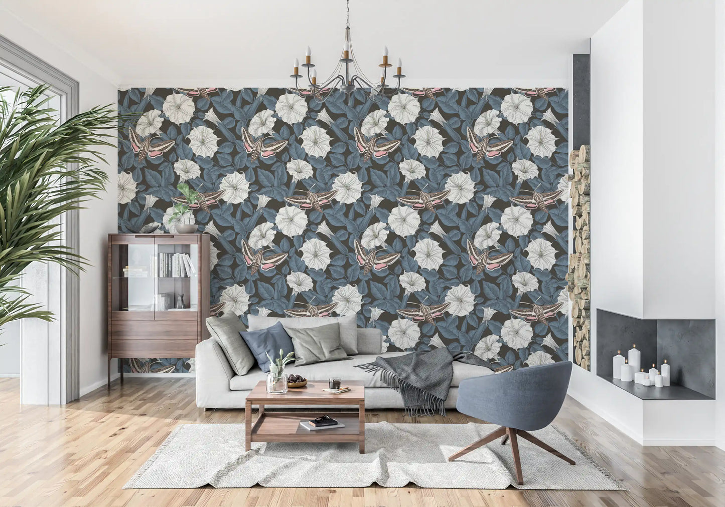 Blue and white floral wallpaper for a contemporary living space., GD9835