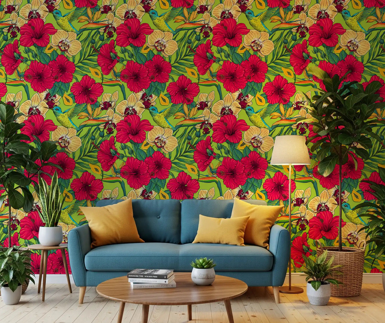 Red hibiscus and yellow orchid botanical pattern wallpaper for living room.