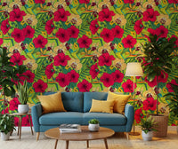 Red hibiscus and yellow orchid botanical pattern wallpaper for living room., GD9836