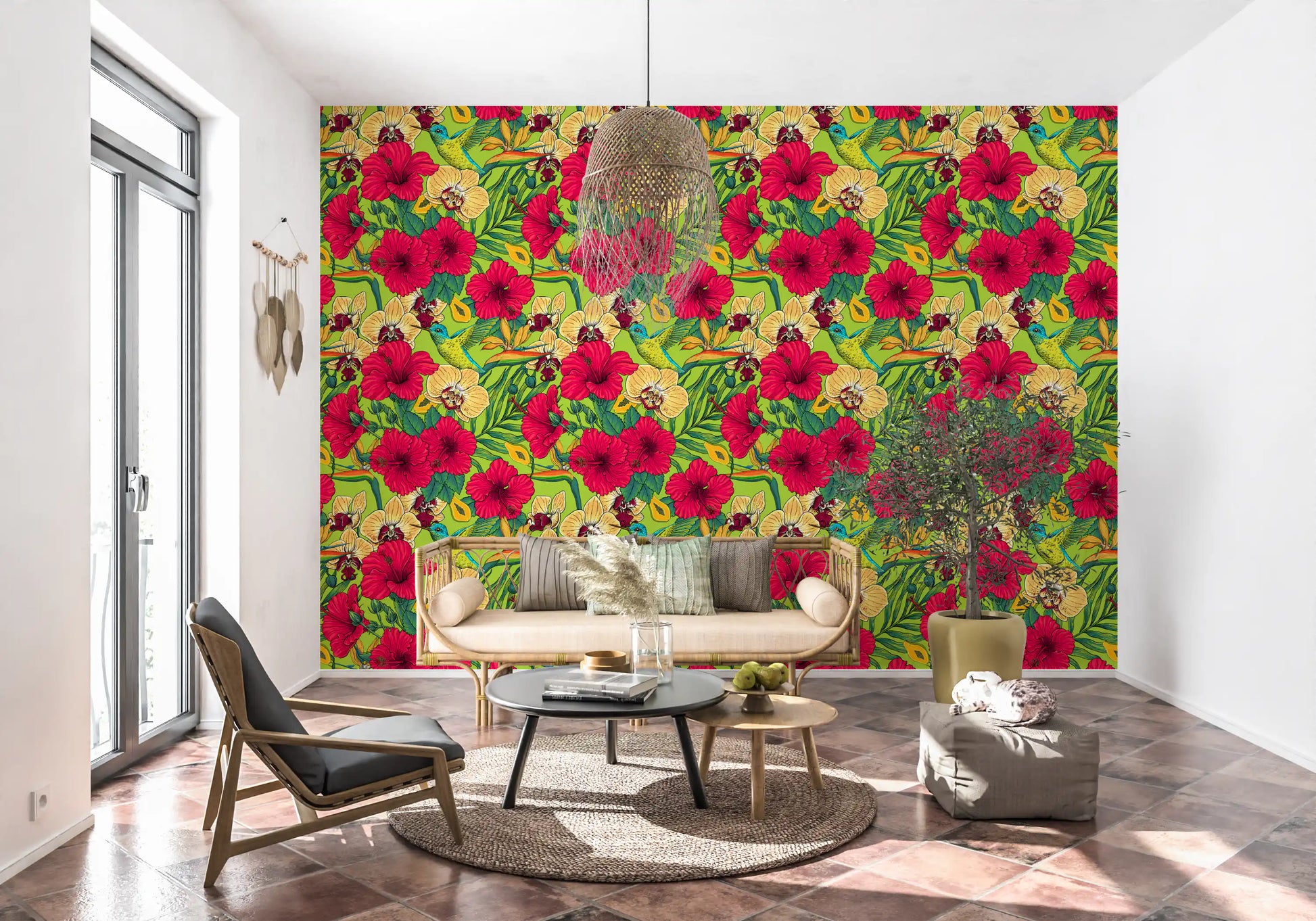 Botanical floral wallpaper for a modern bright entryway space., GD9836