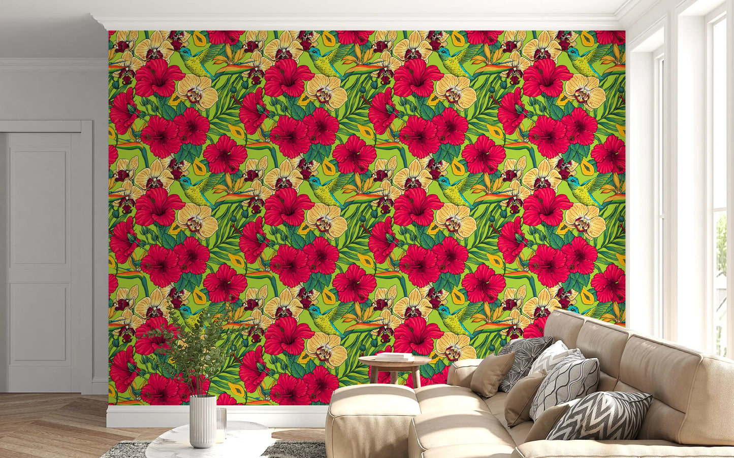 Yellow and red tropical flowers on green garden wallpaper., GD9836
