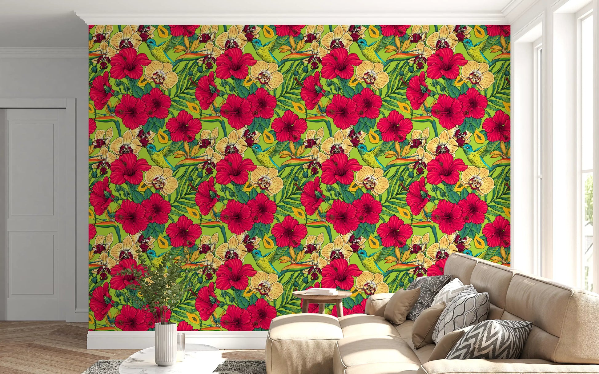 Yellow and red tropical flowers on green garden wallpaper., GD9836