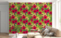 Yellow and red tropical flowers on green garden wallpaper., GD9836