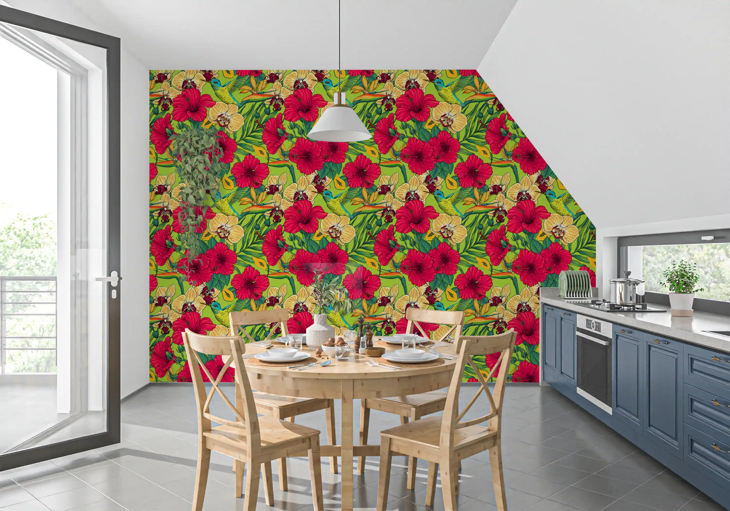Detailed botanical garden wallpaper featuring a blue hummingbird., GD9836