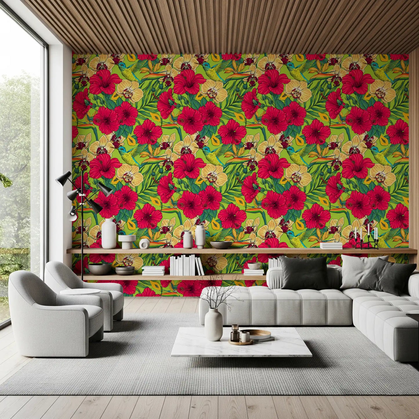 Hand-drawn hibiscus and orchid wallpaper for a large living room., GD9836