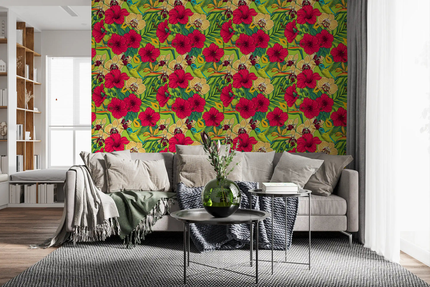 Tropical garden wallpaper with pink flowers and papaya fruit., GD9836