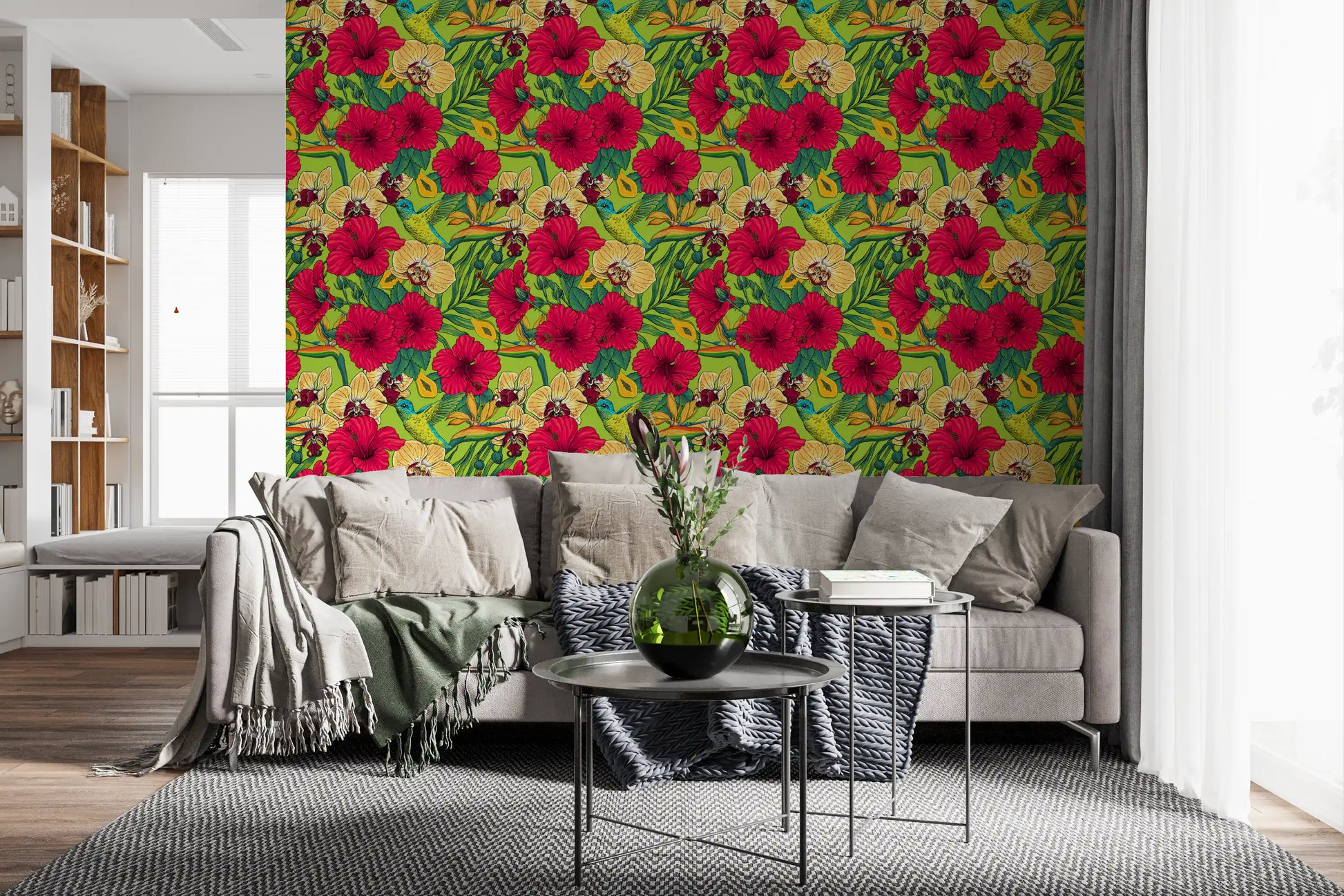 Tropical garden wallpaper with pink flowers and papaya fruit., GD9836