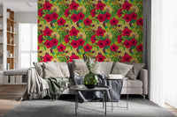 Tropical garden wallpaper with pink flowers and papaya fruit., GD9836