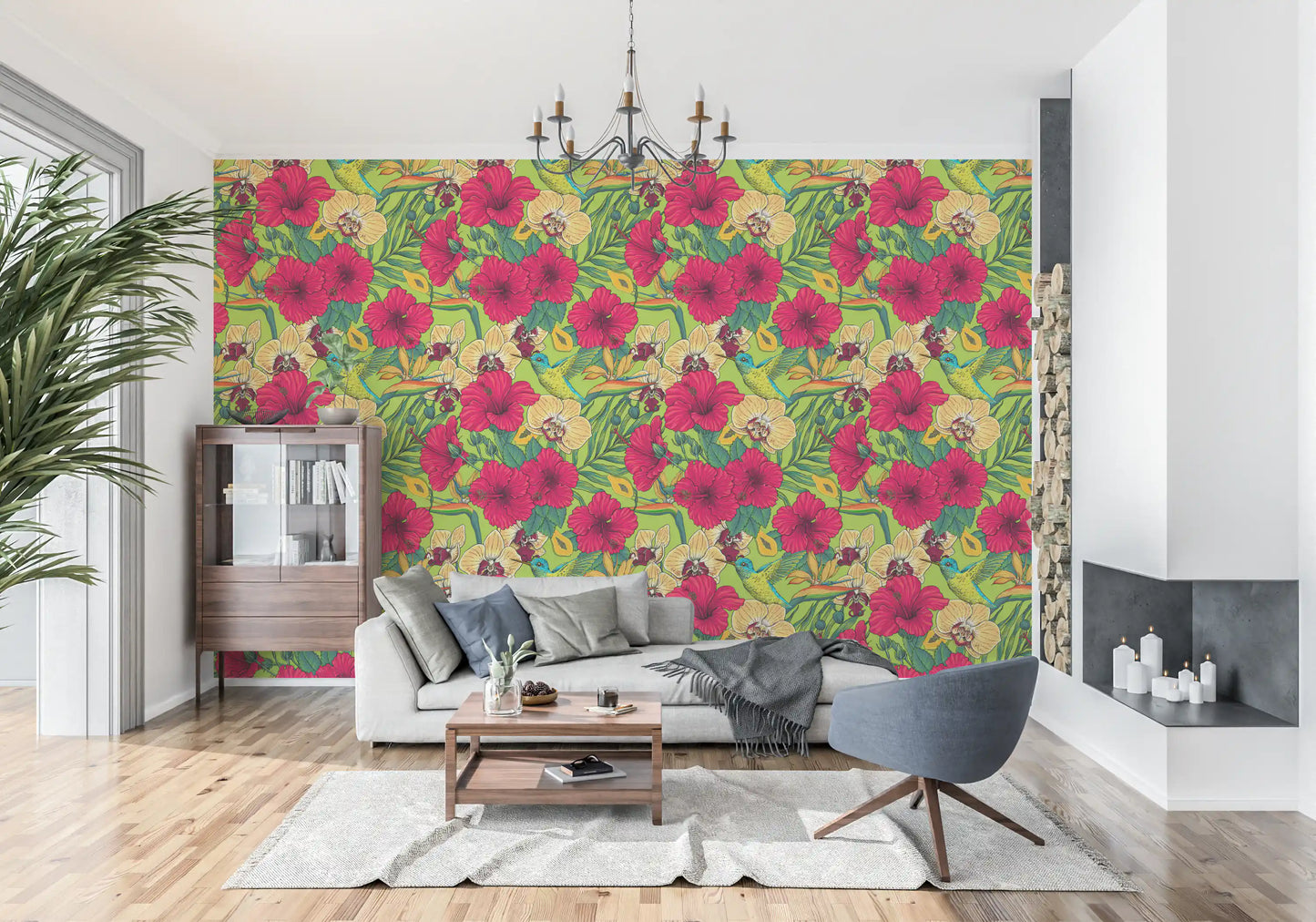 Summer botanical garden wallpaper with lush green palm leaves., GD9836