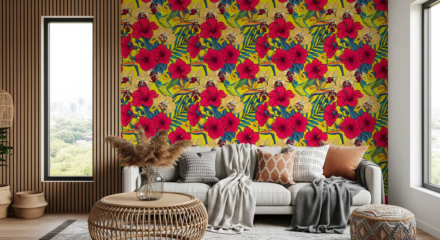 Yellow and red floral wallpaper for bright living space interior., GD9837