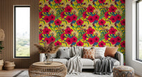 Yellow and red floral wallpaper for bright living space interior., GD9837