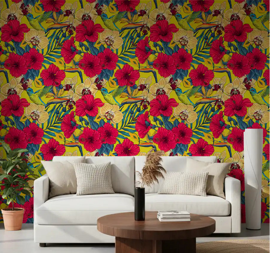 Vibrant red hibiscus and hummingbirds on yellow wallpaper for living room.