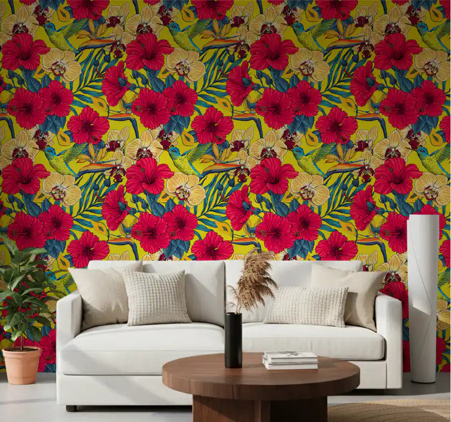 Vibrant red hibiscus and hummingbirds on yellow wallpaper for living room., GD9837