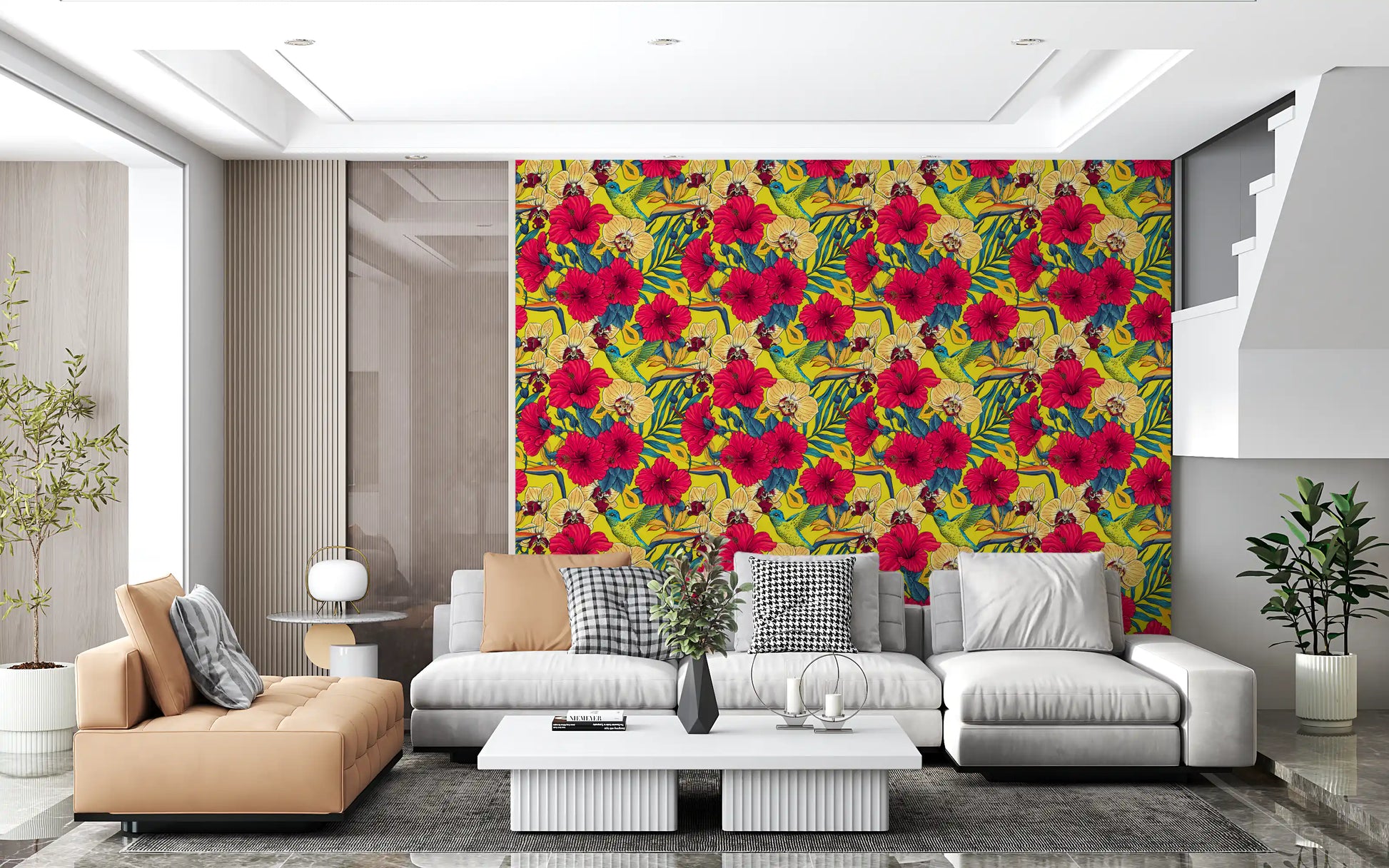 Red hibiscus flowers and yellow background on tropical botanical wallpaper., GD9837